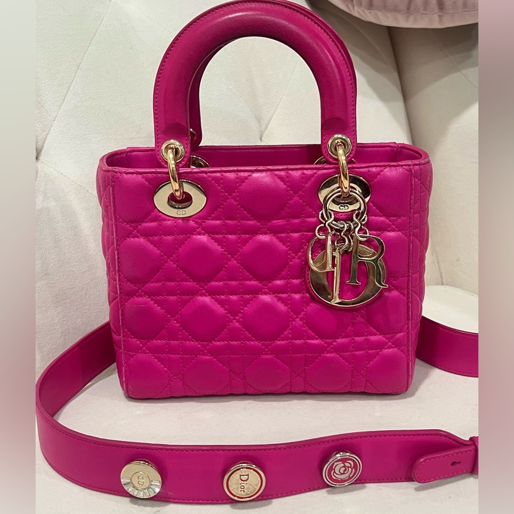 Lady Dior Pink Small Quilted with gold tone hardware pins strap